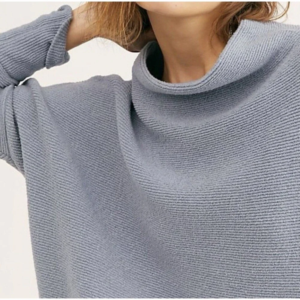 Free People Ottoman Slouchy Ribbed Mock Neck Sweater Tunic Chambray Blue M